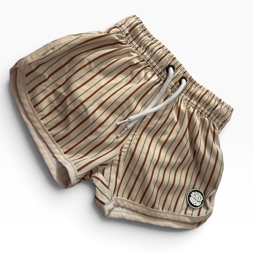 Binky Bro Toddler Boys Striped Board Shorts Swim Trunks Cream Brown 12-18 Months